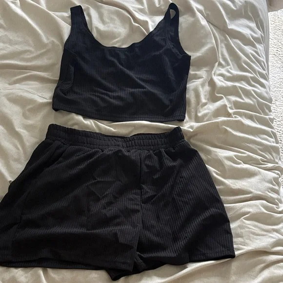 Black Ribbed Women's Tank and Shorts Set - Picture 1 of 1